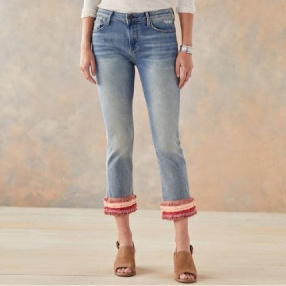 Anthropologie Light Wash Cropped Jeans with Pink Fringe Cuffs